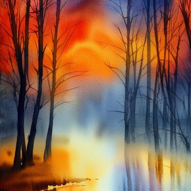 Autumn Sunrise Watercolor Painting in Rainy Weather