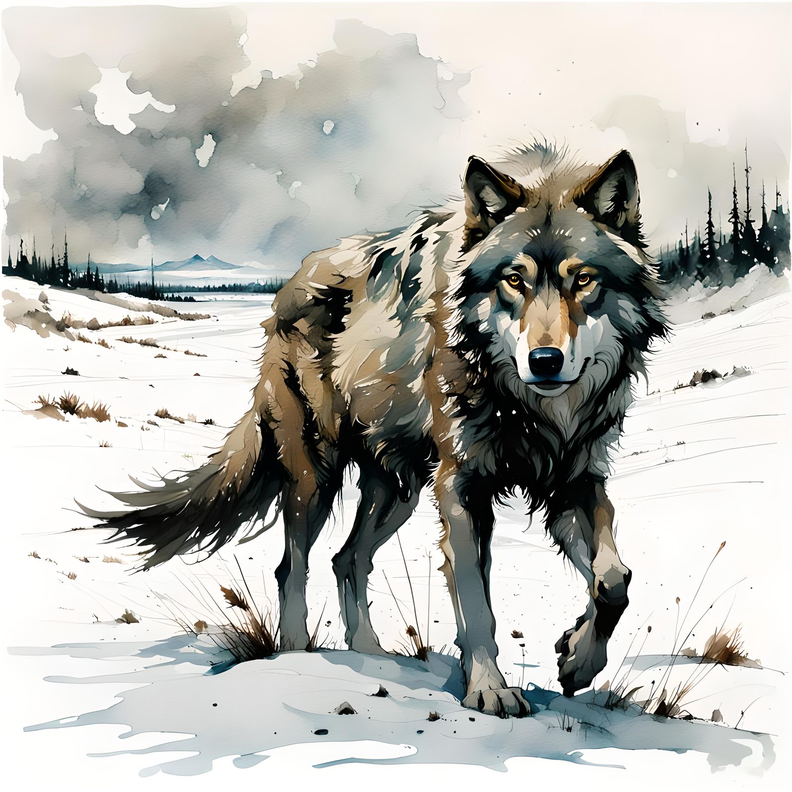 Lone Wolf in Snowy Landscape as Watercolor