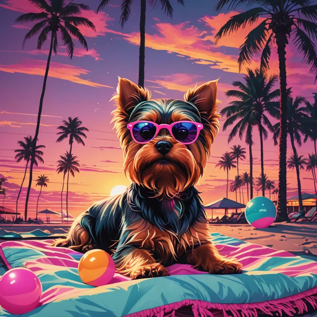 Yorkie on Beach in Retro Synthwave Style