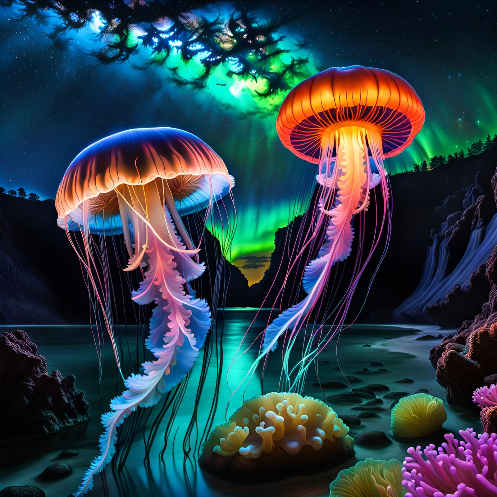 Bioluminescent Jellyfish in Deep Sea Caverns