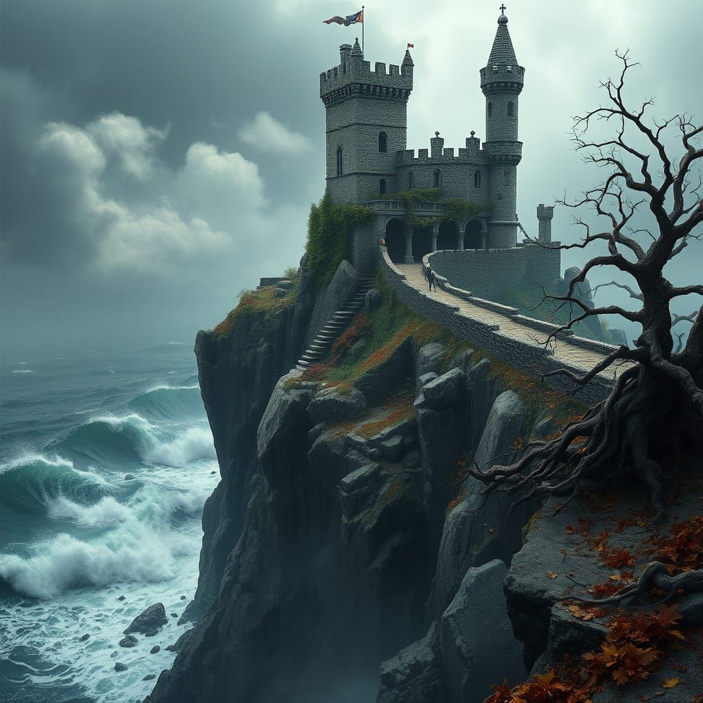 Ancient Castle Teeters on Stormy Seas in Hyper-Detailed Matt...