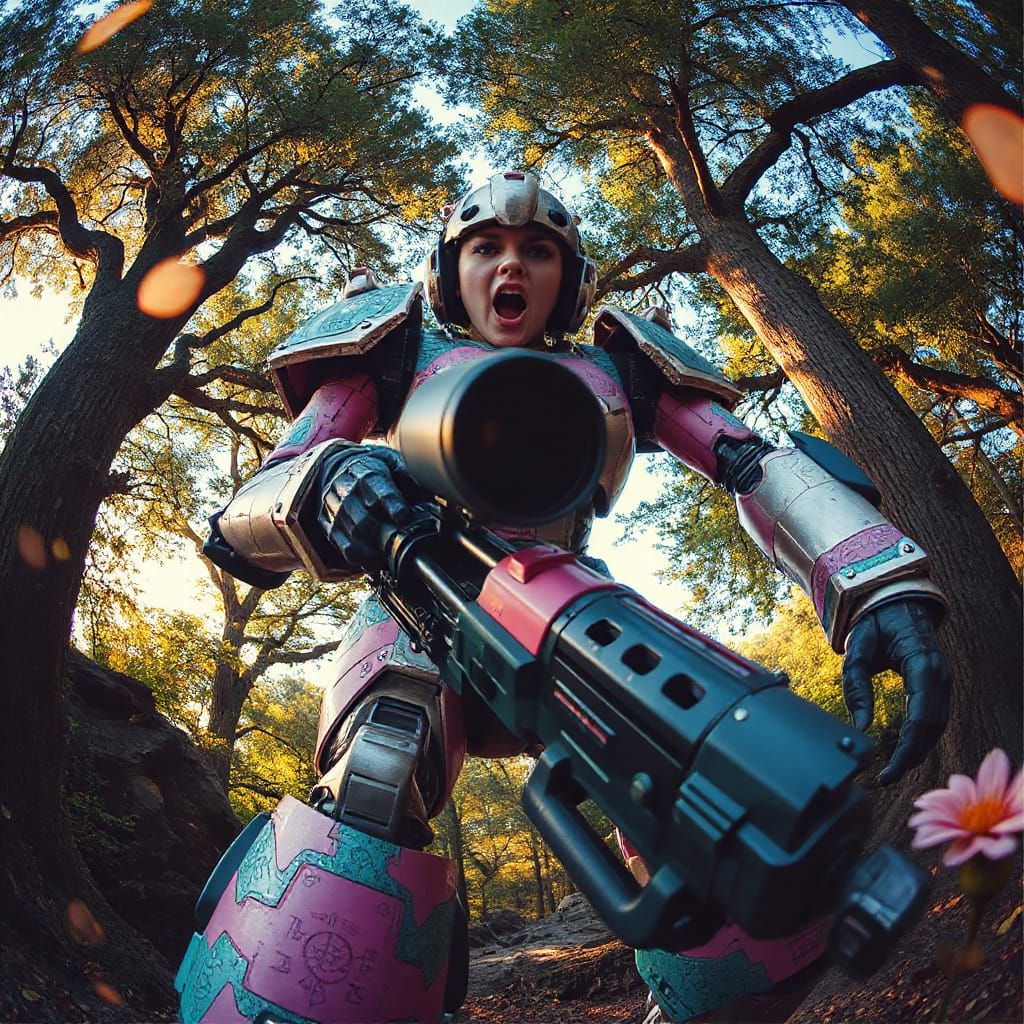 Giant Pink Robot in a Serene Landscape