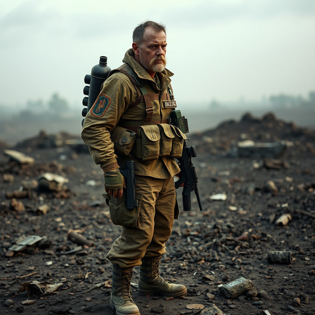 Grizzled Soldier on Battlefield in Realistic Style