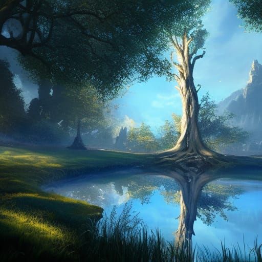 High Gothic Prunus Tree by Lush Pond