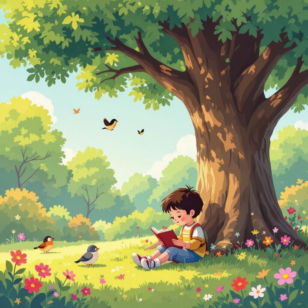 Child Drawing Under Tree in Sunny Park Cartoon Style