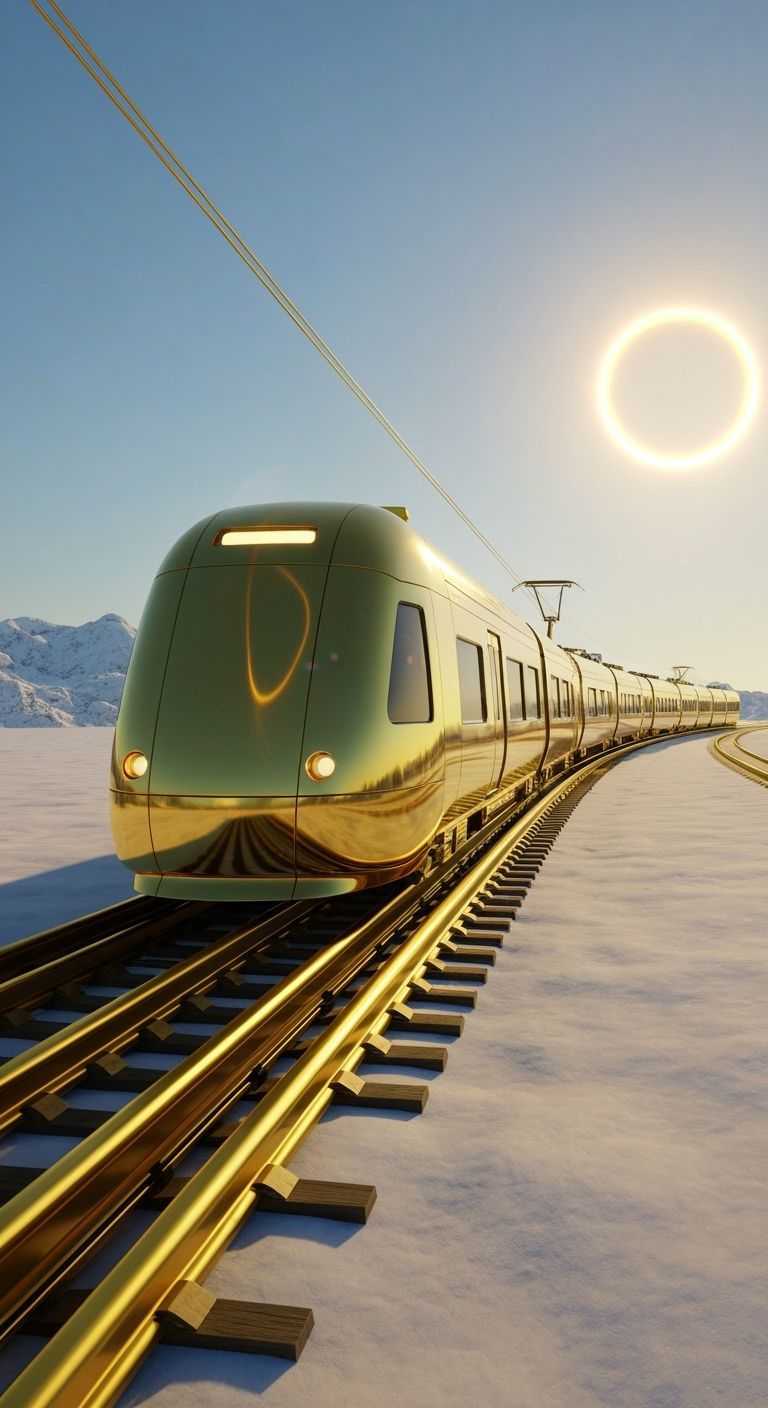 Futuristic Train on Golden Tracks in Snowy Landscape