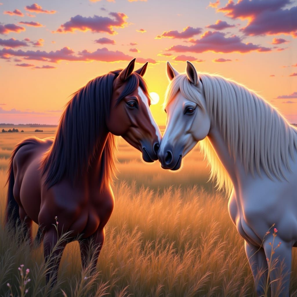 Two Horses Nuzzling at Sunset in Painterly Style