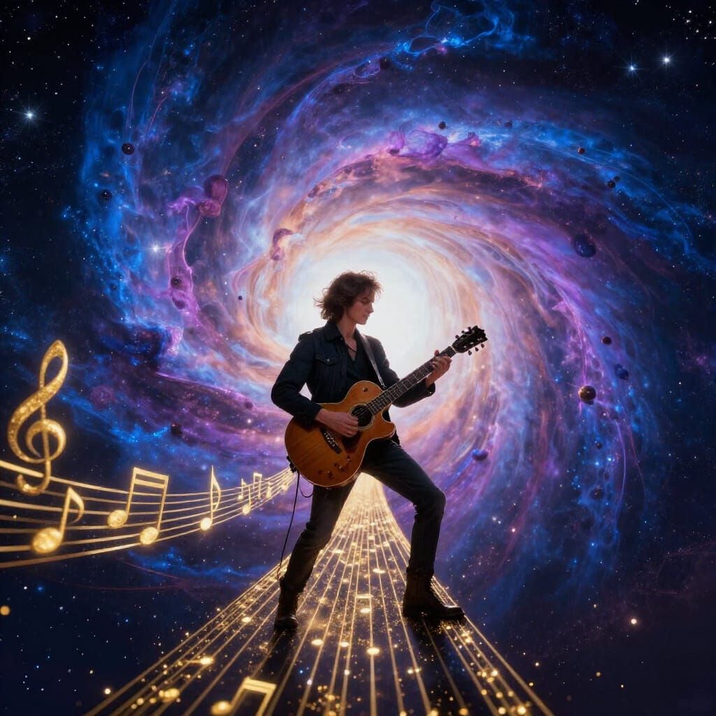 Guitarist Solo Reveals Future Visions in Cosmic Nebula