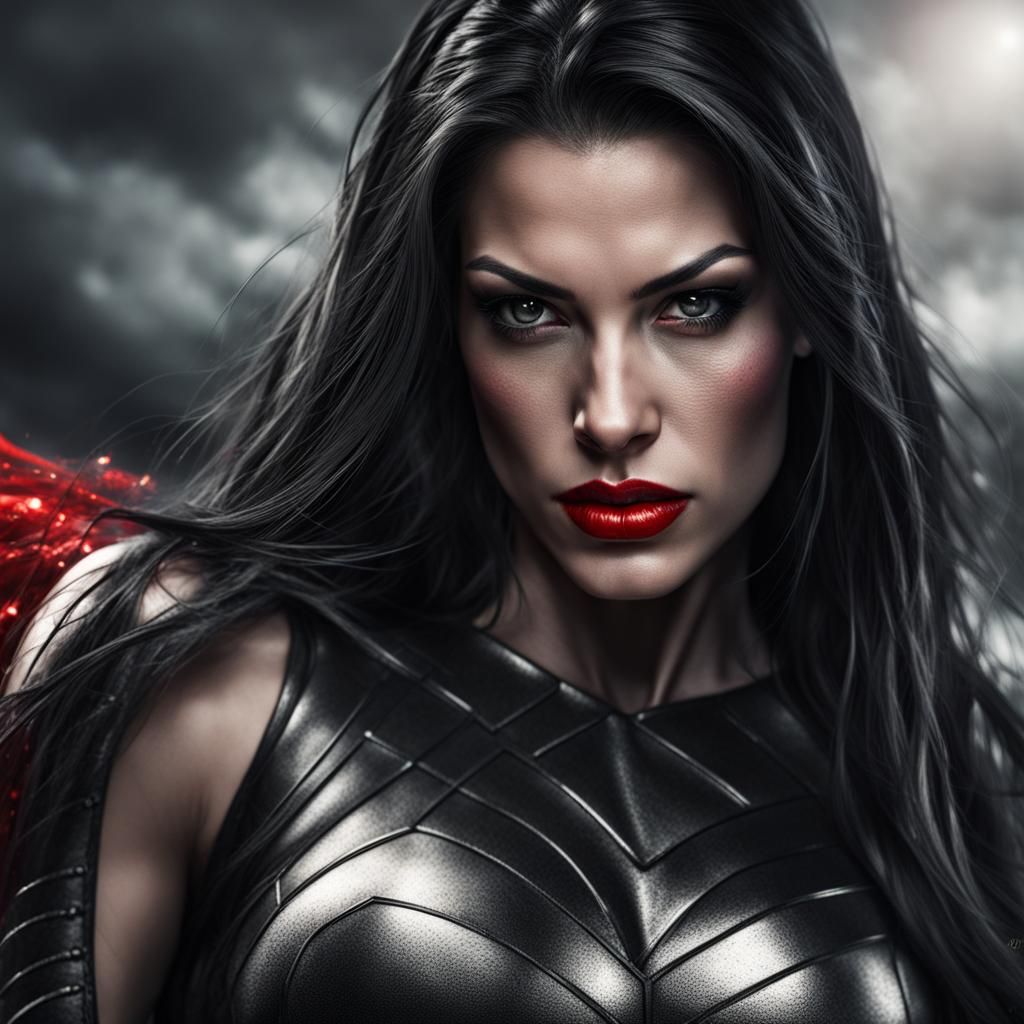 Dark Fantasy Superhero with Red Lipstick in HDR