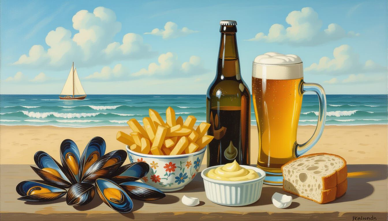 Oostende Mussels, Fries, Beer & Mayonnaise Matte Painting