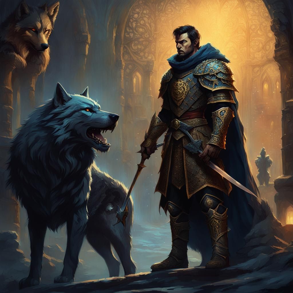 Medieval Man and Wolf Fantasy Illustration