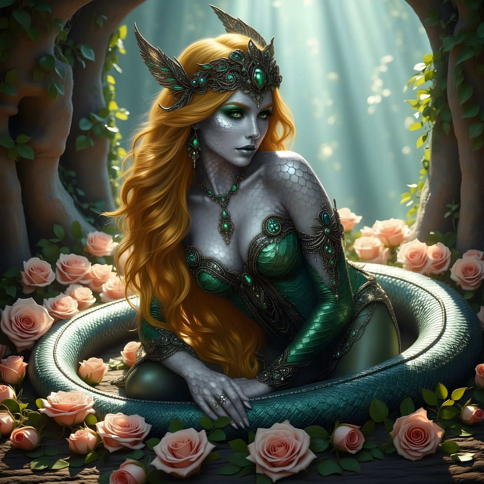Serpent Queen Reclining on Roses in Art Nouveau Style