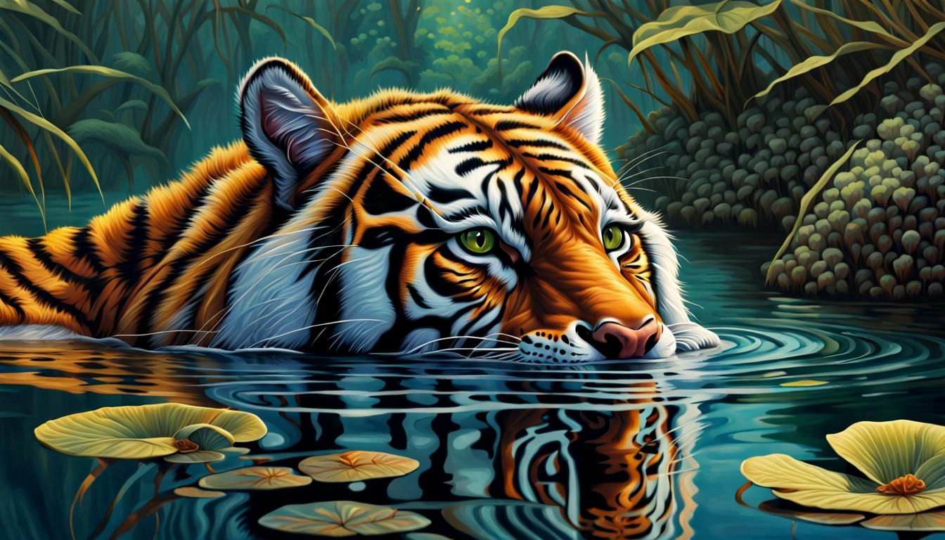 Tiger in Water Lily Pad, Realistic Illustration
