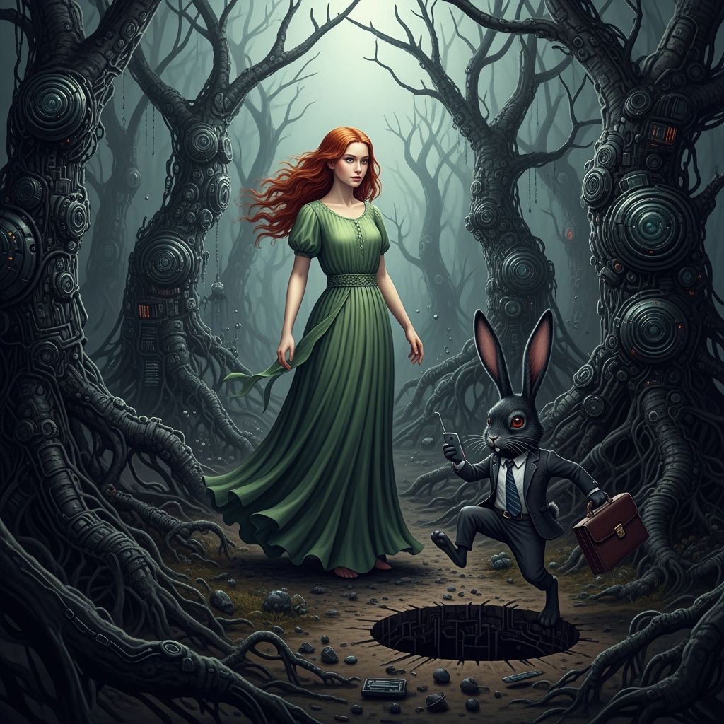 Girl and Rabbit in Dark Biomechanical Landscape