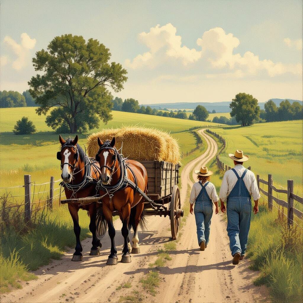 Rural Hay Wagon Scene in Wyeth Style