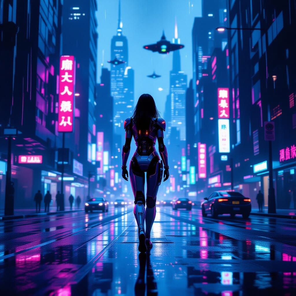 Cyborg Woman in Retro-Futuristic Neon City