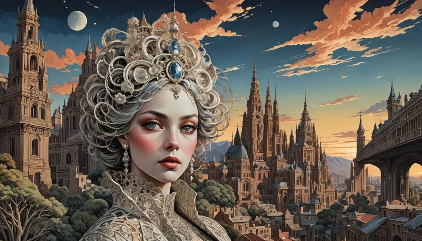 Cityscape Sunset in Primitivism and Bauhaus Style