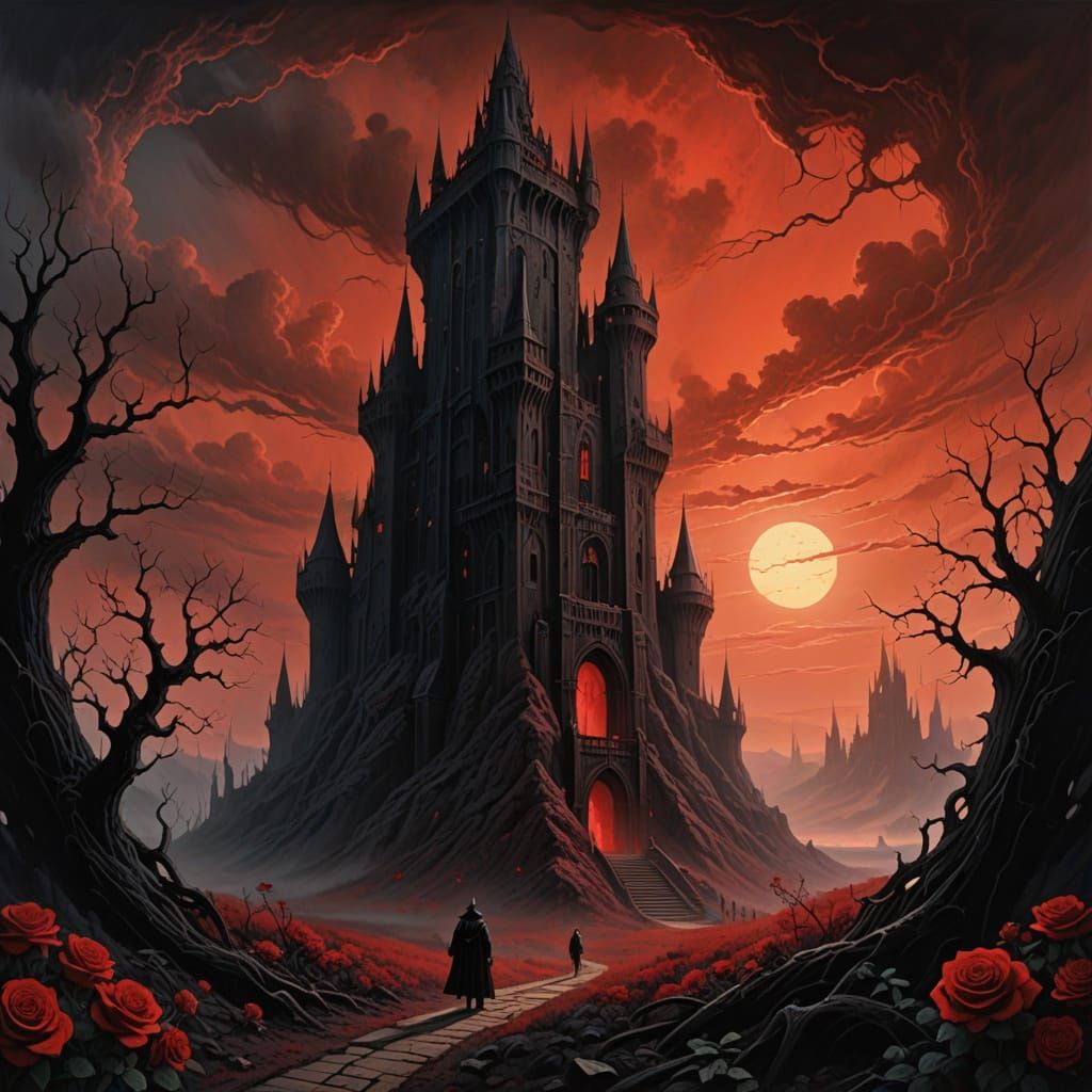 The Crimson Tower Amidst a Stormy Rose-Shrouded Sky