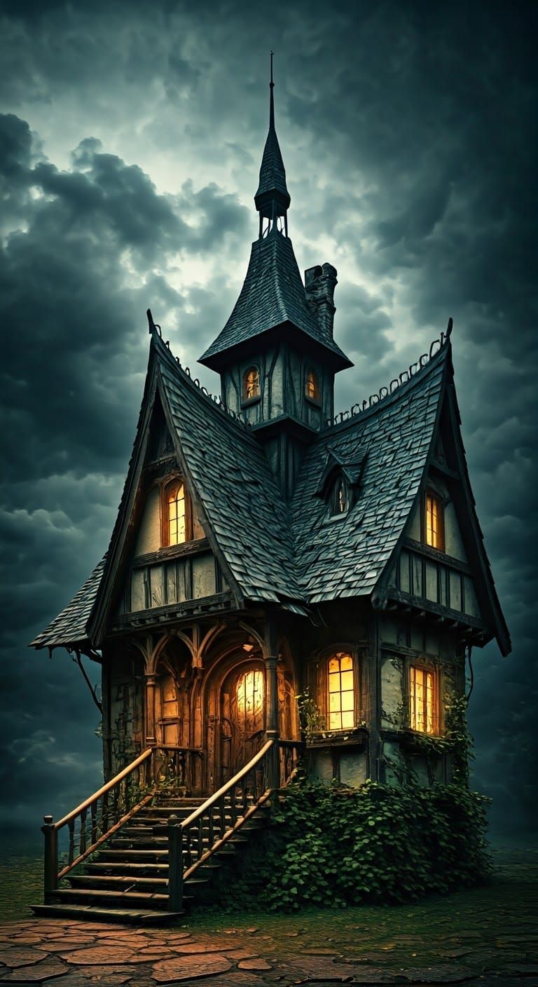 Ornate Witch House Under Stormy Sky