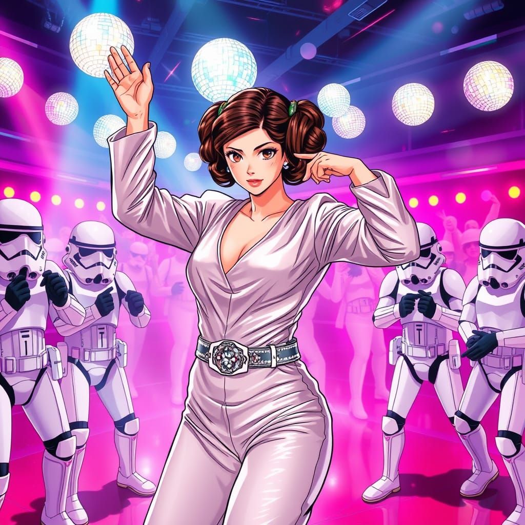 Princess Leia Shines in Vibrant Disco Anime Style