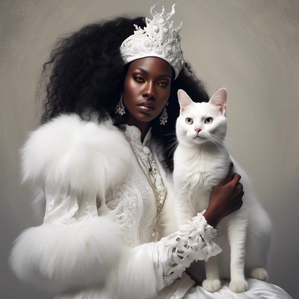Elegant Black Woman in White with Cat Portrait