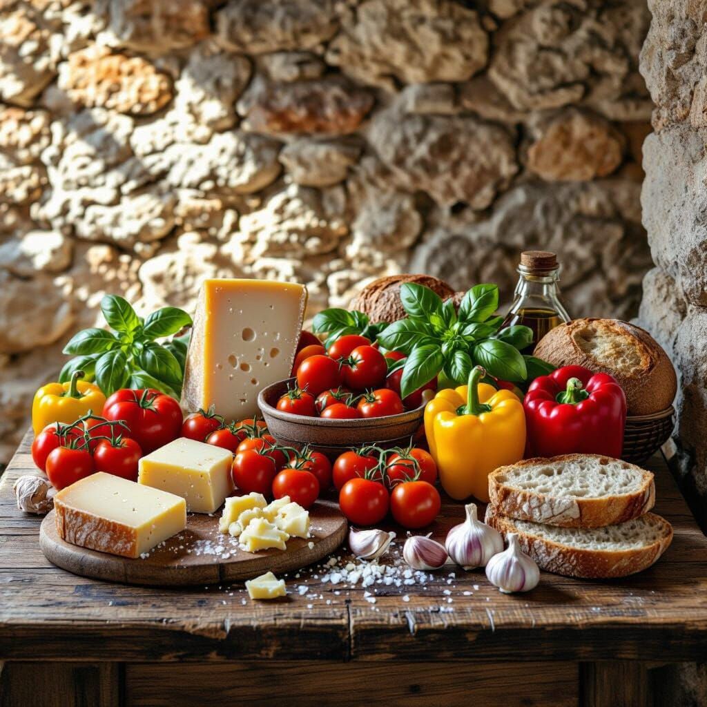 Mediterranean Feast on Rustic Table, Photorealistic Image