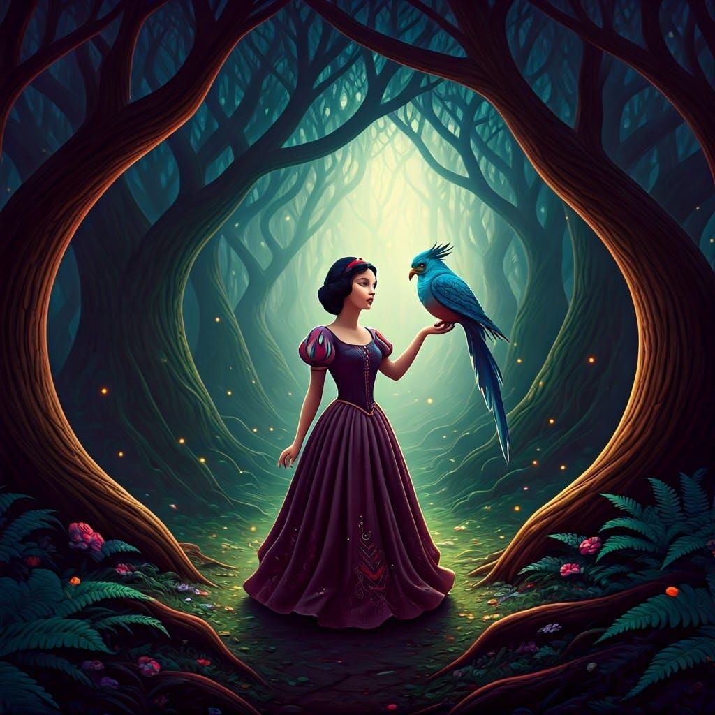 Snow White in Plum Gown, Enchanted Forest Scene