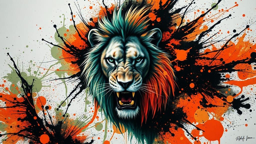 Terrifying Ghost Lion in Splatter Ink Savanna