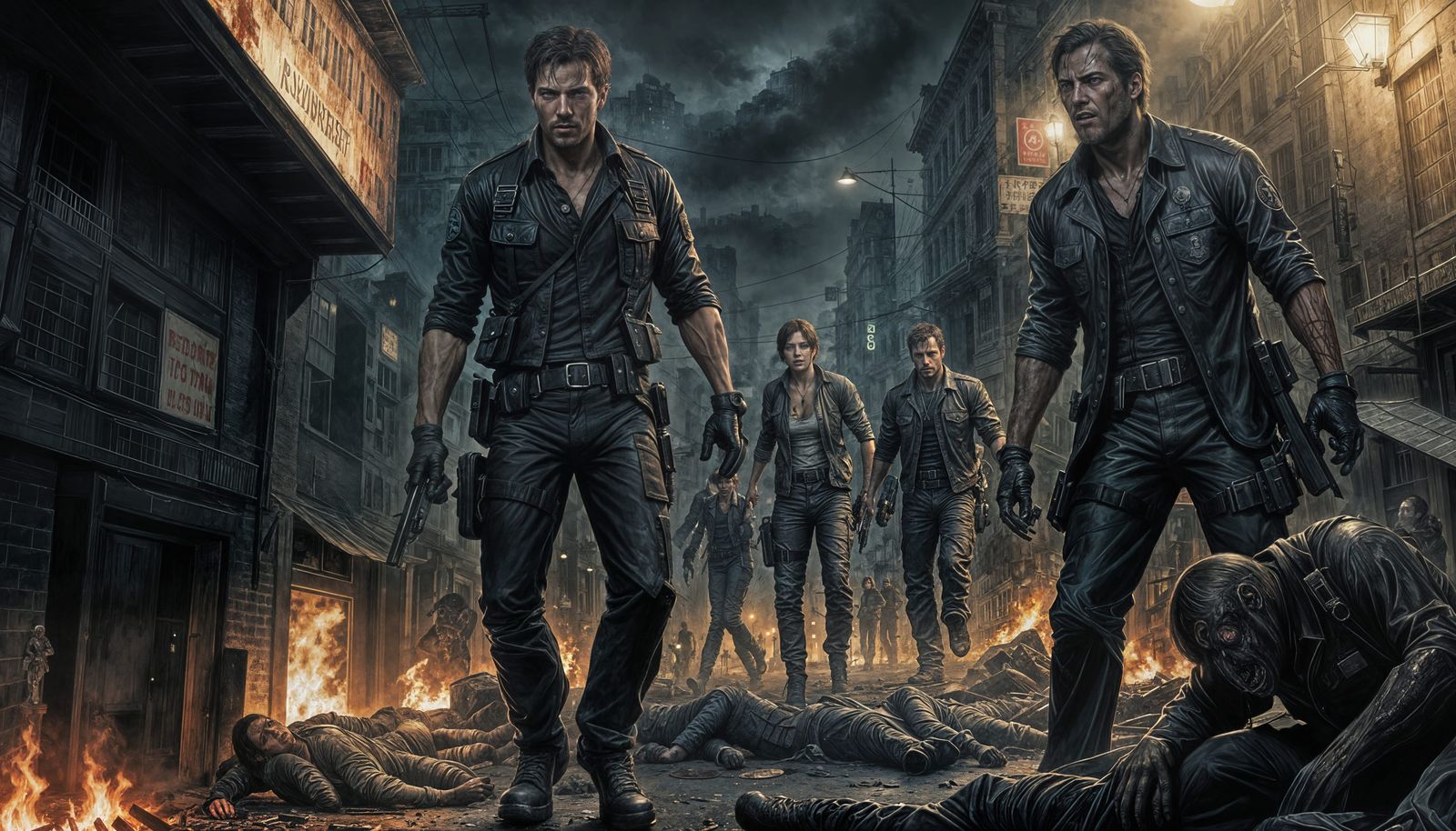 Horror Scene of Burning City Street with Zombies