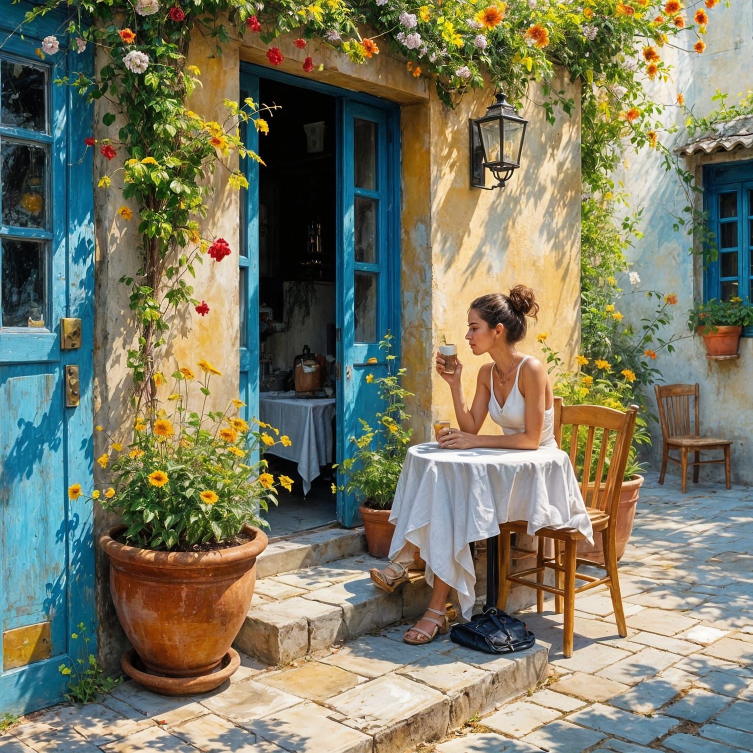 Woman Relaxing at Sun-Dappled European Cafe