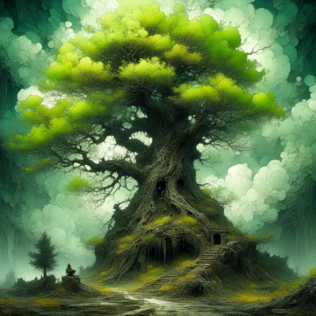 Colorful Tree with Clouds, Detailed Surrealist Illustration