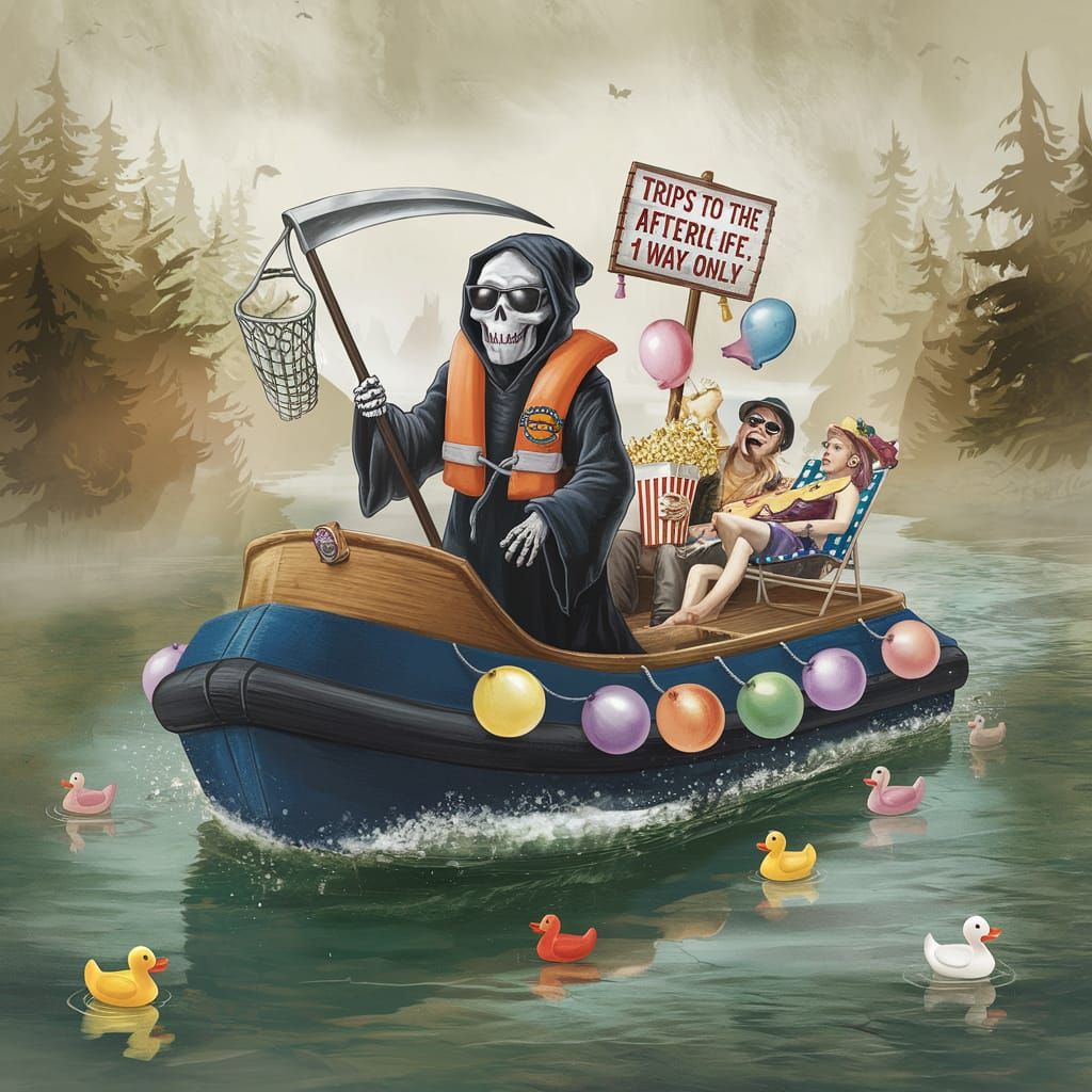 Playful Grim Reaper Cruises Foggy River to Afterlife