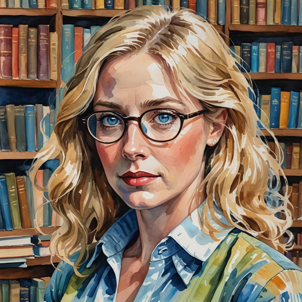 Blond Librarian in Gouache Impressionist Style
