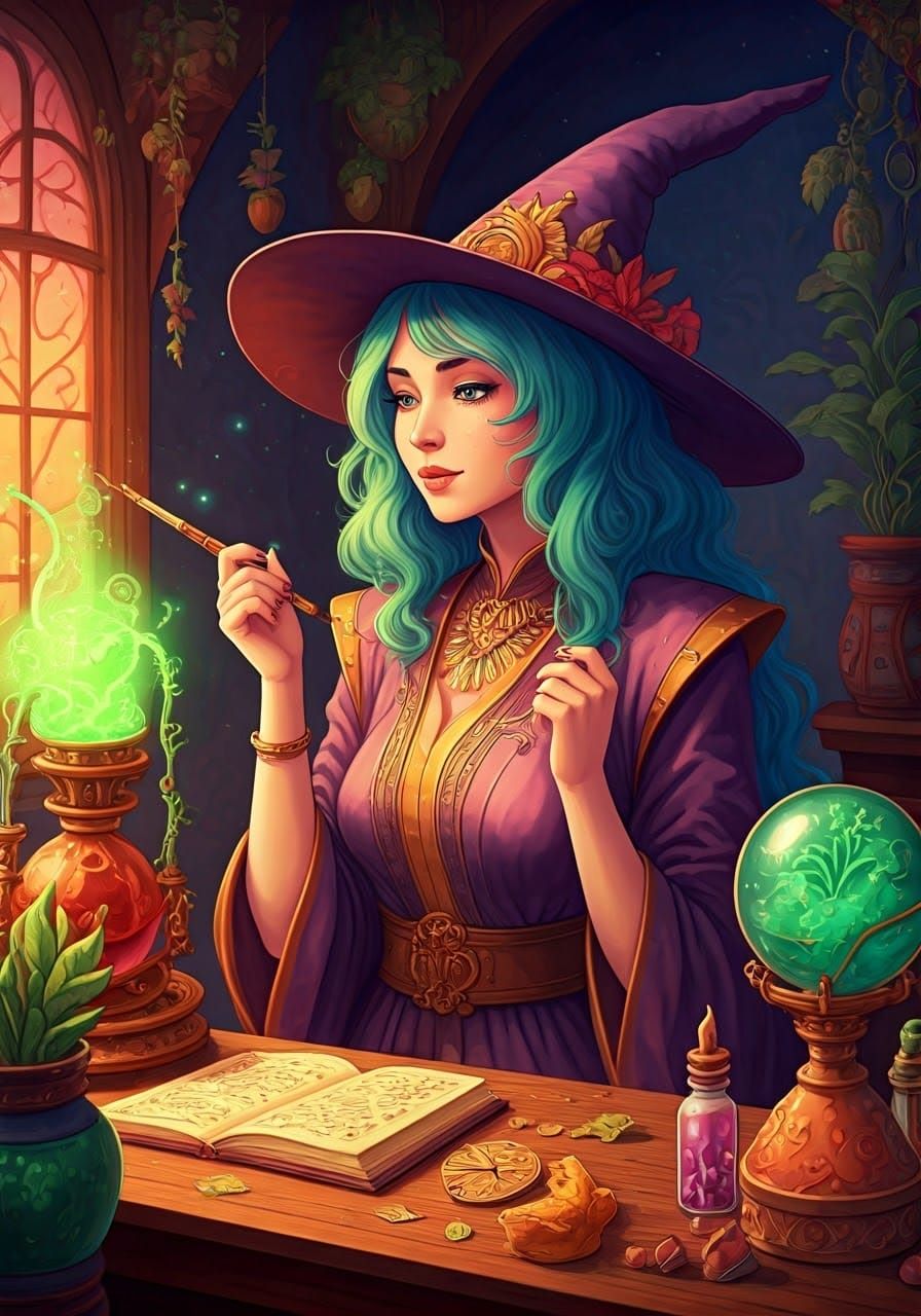 Whimsical Grand Witch Conjures Magical Potions in Fantastica...
