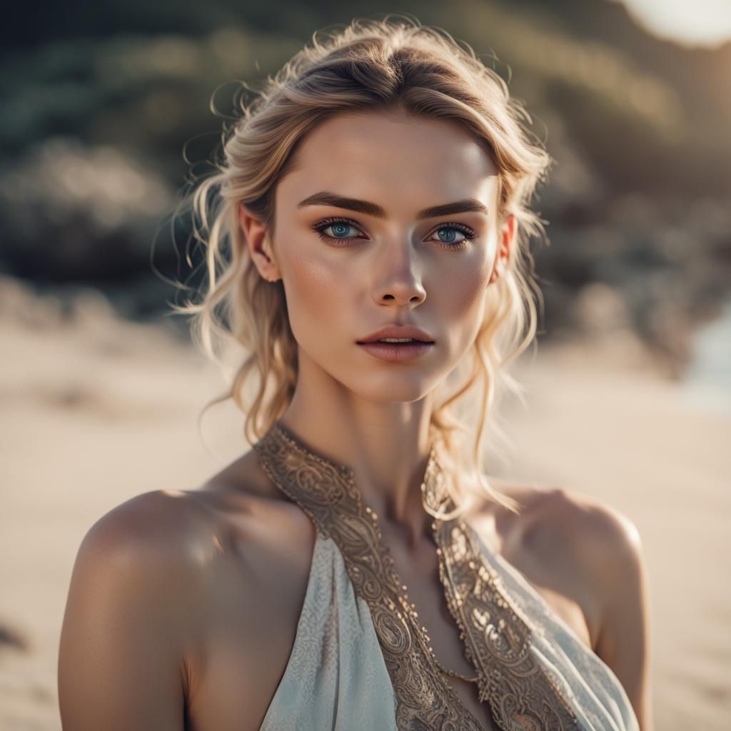 Anya Taylor-Joy Portrait on Beach, Realistic Photo