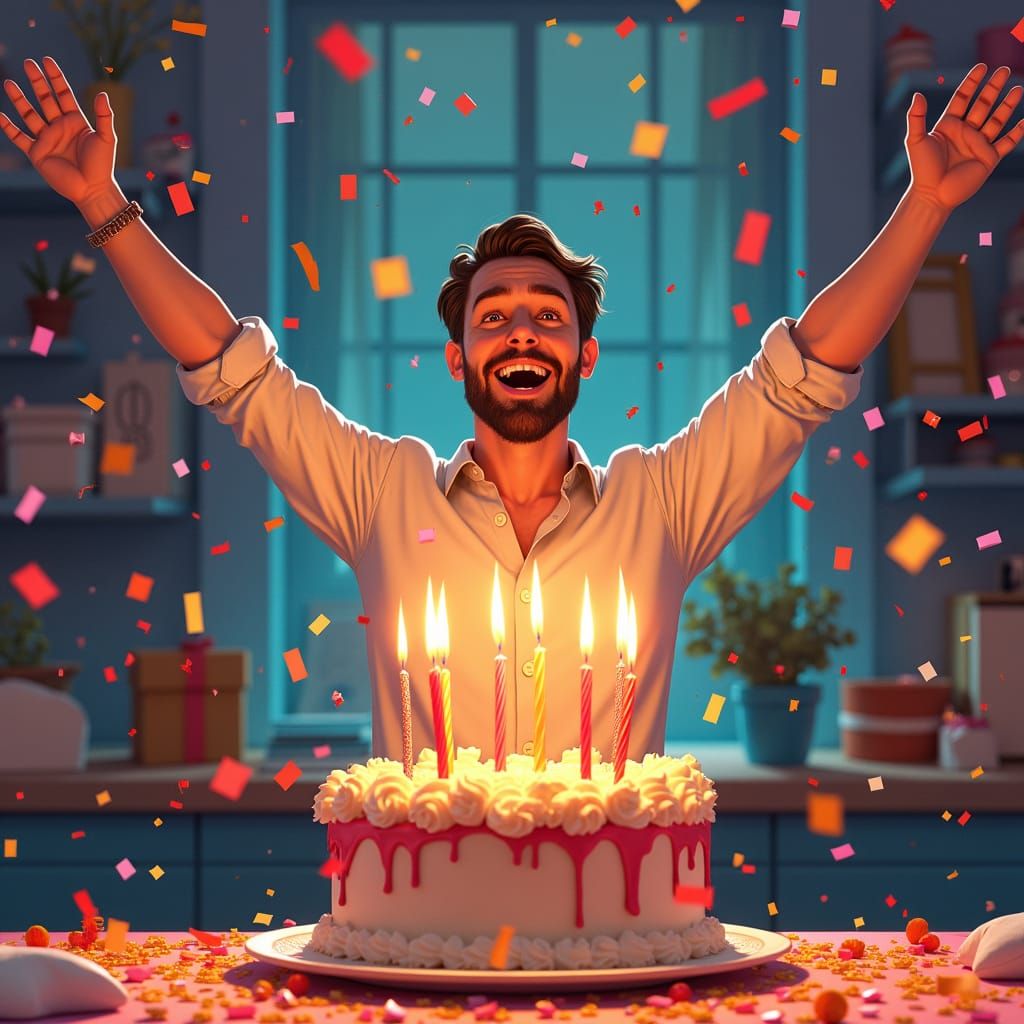 Man Celebrates Amidst Confetti and Cake