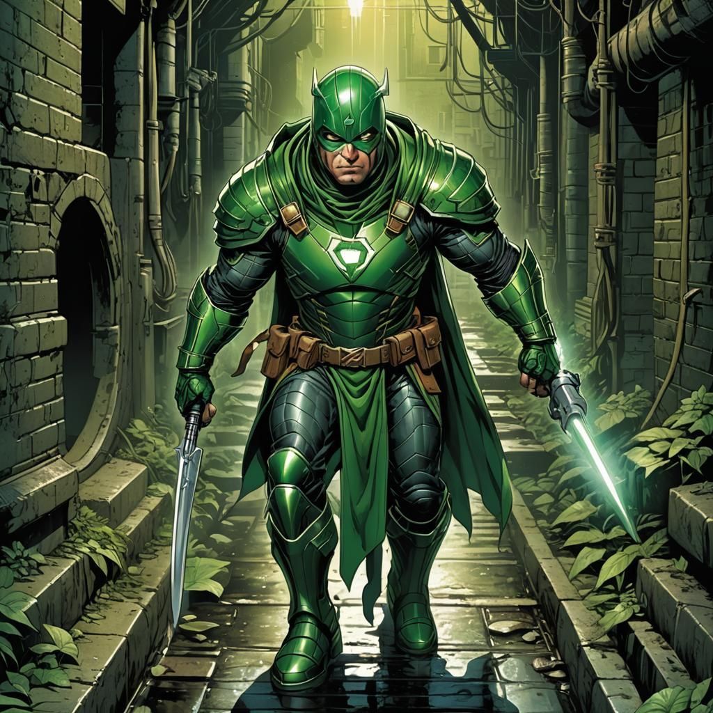 Green Armored Superhero in Sewer, Comic Book Art