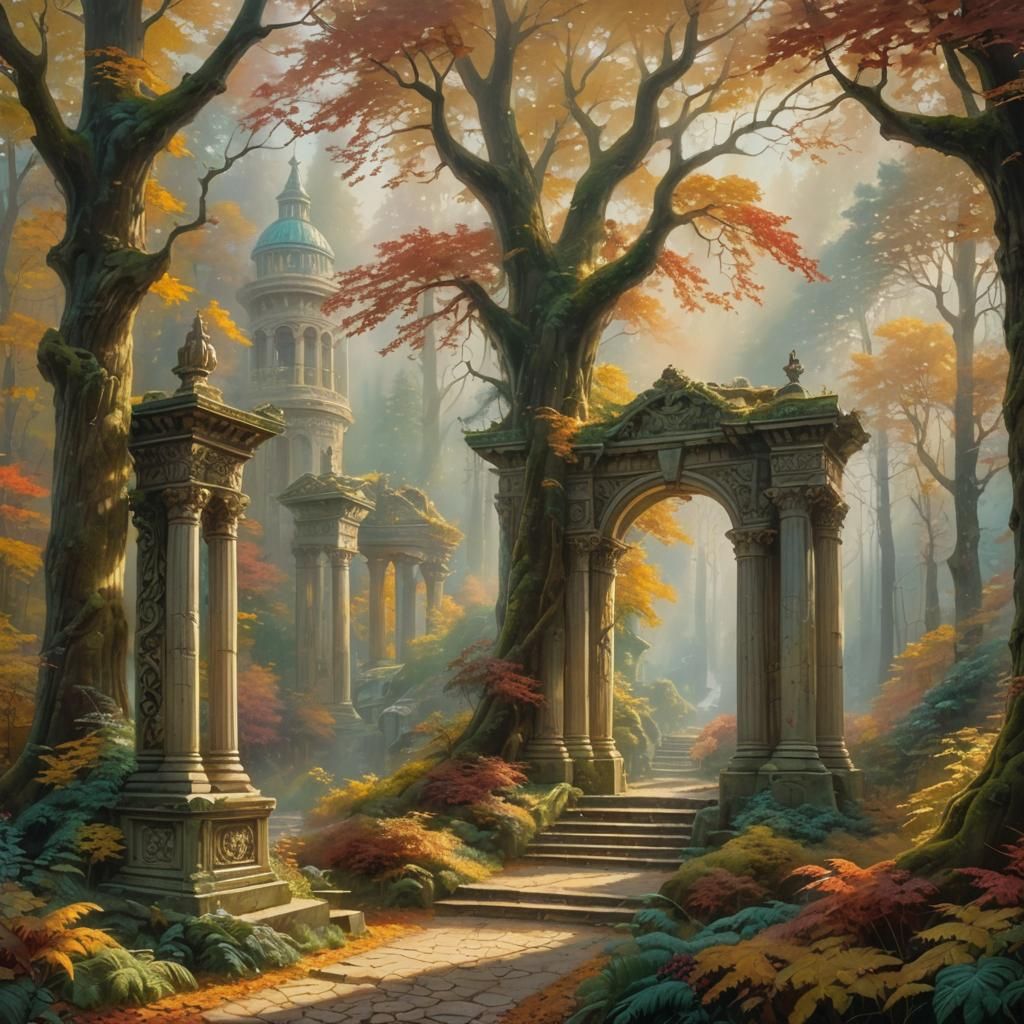 Enchanted Forest Path with Ornate Columns