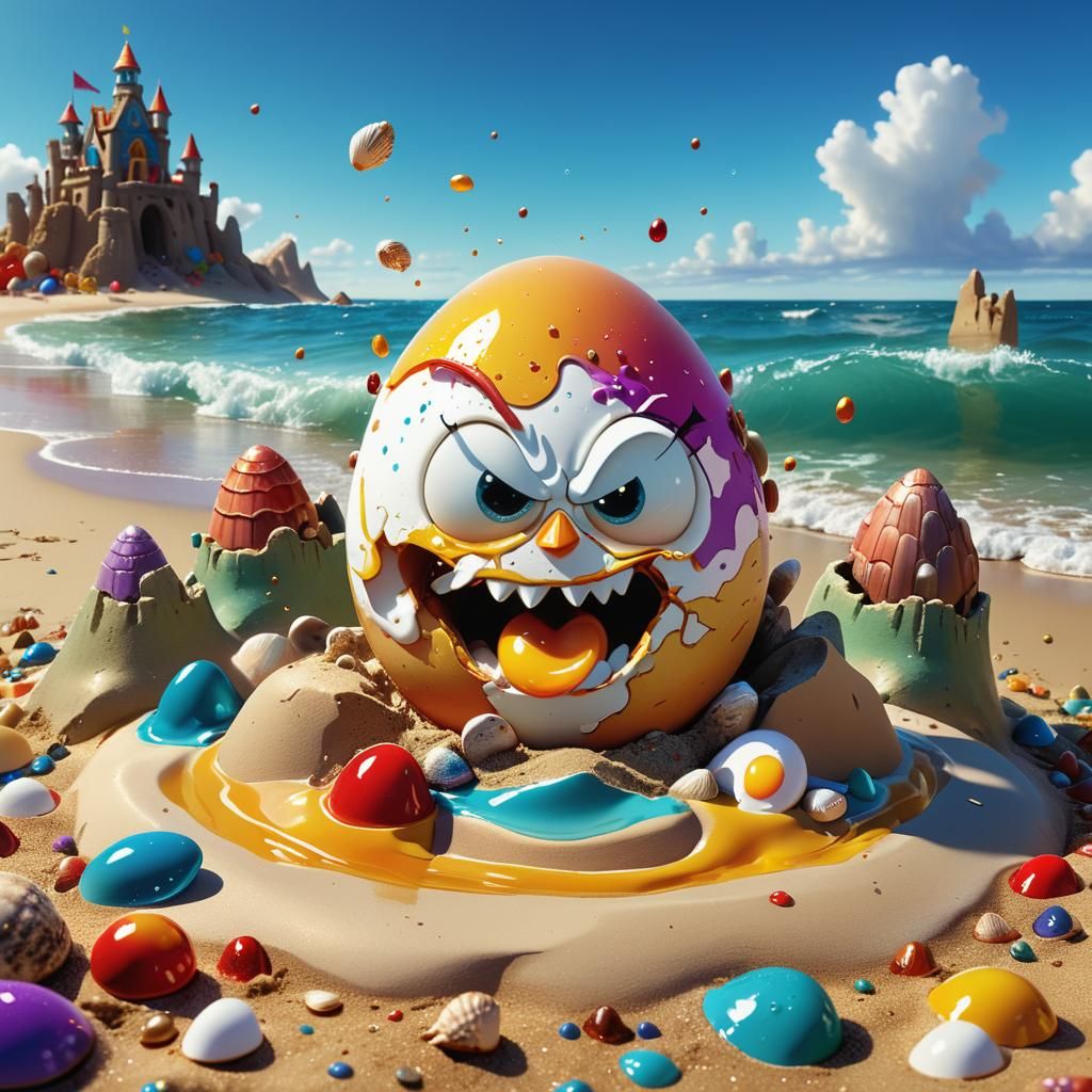 Surreal Angry Egg Destroys Beach Sandcastle