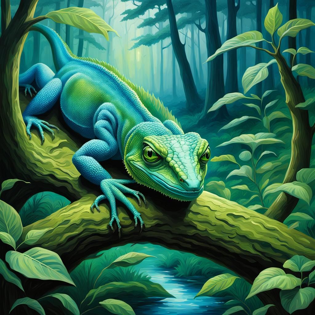 Blue-Green Forest with Lizard in Oil Painting Style