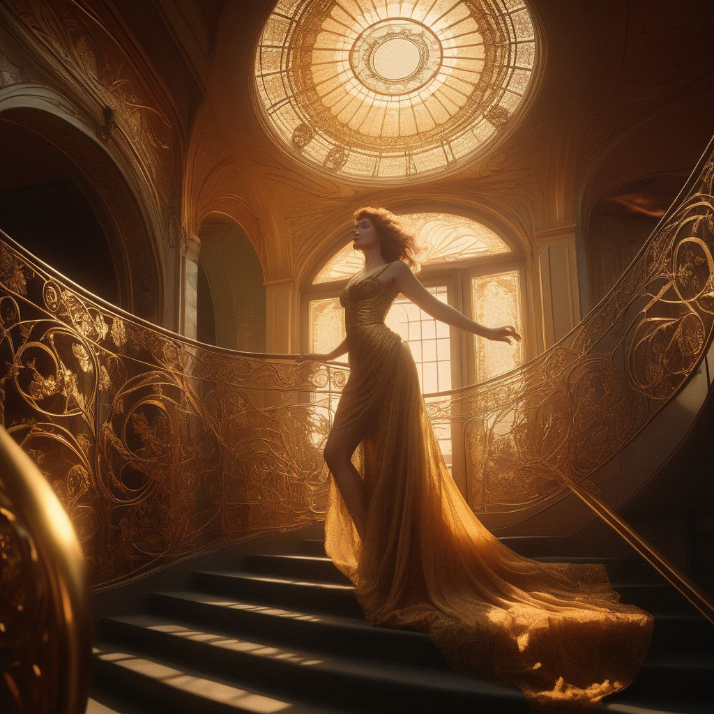 Ethereal Goddess Ascends Grand Art Nouveau Staircase