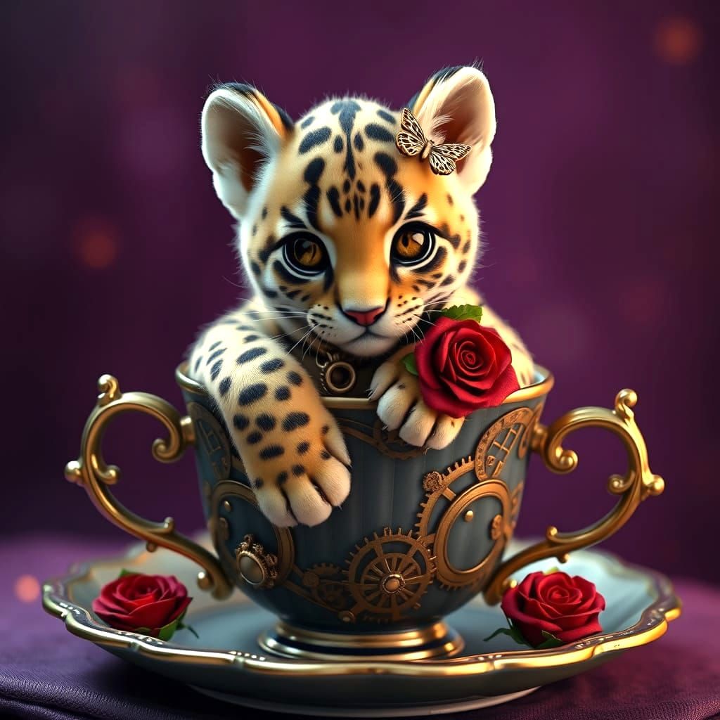 Steampunk Leopard Cub Teacup Scene
