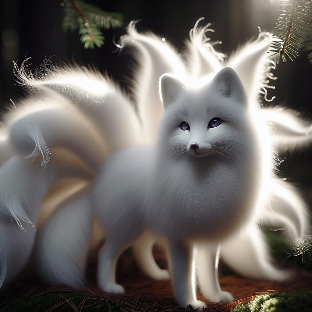 Ethereal White Fox with Violet Eyes in Forest