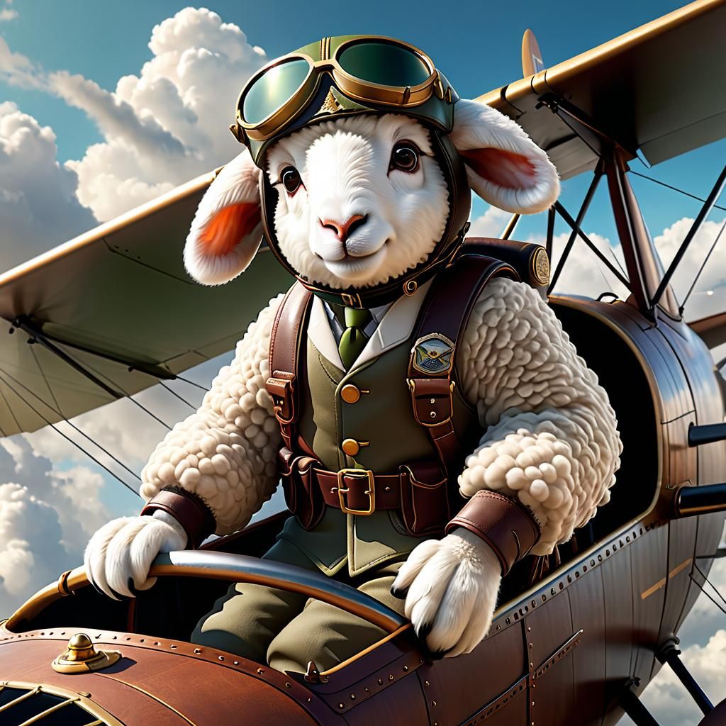 Pilot Sheep in Biplane: 3D Digital Art