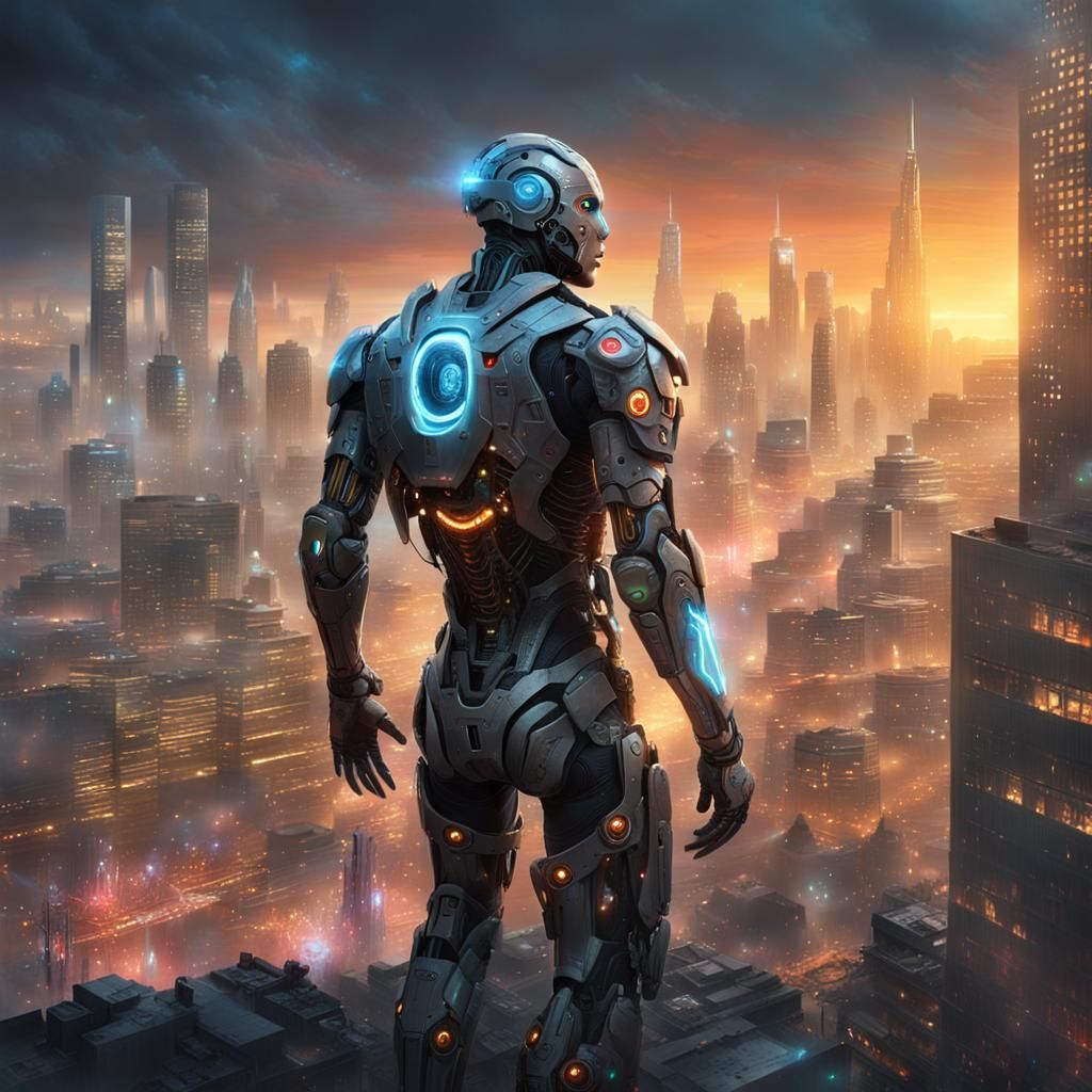 Human Cyborg Hunting in Devastated Cityscape