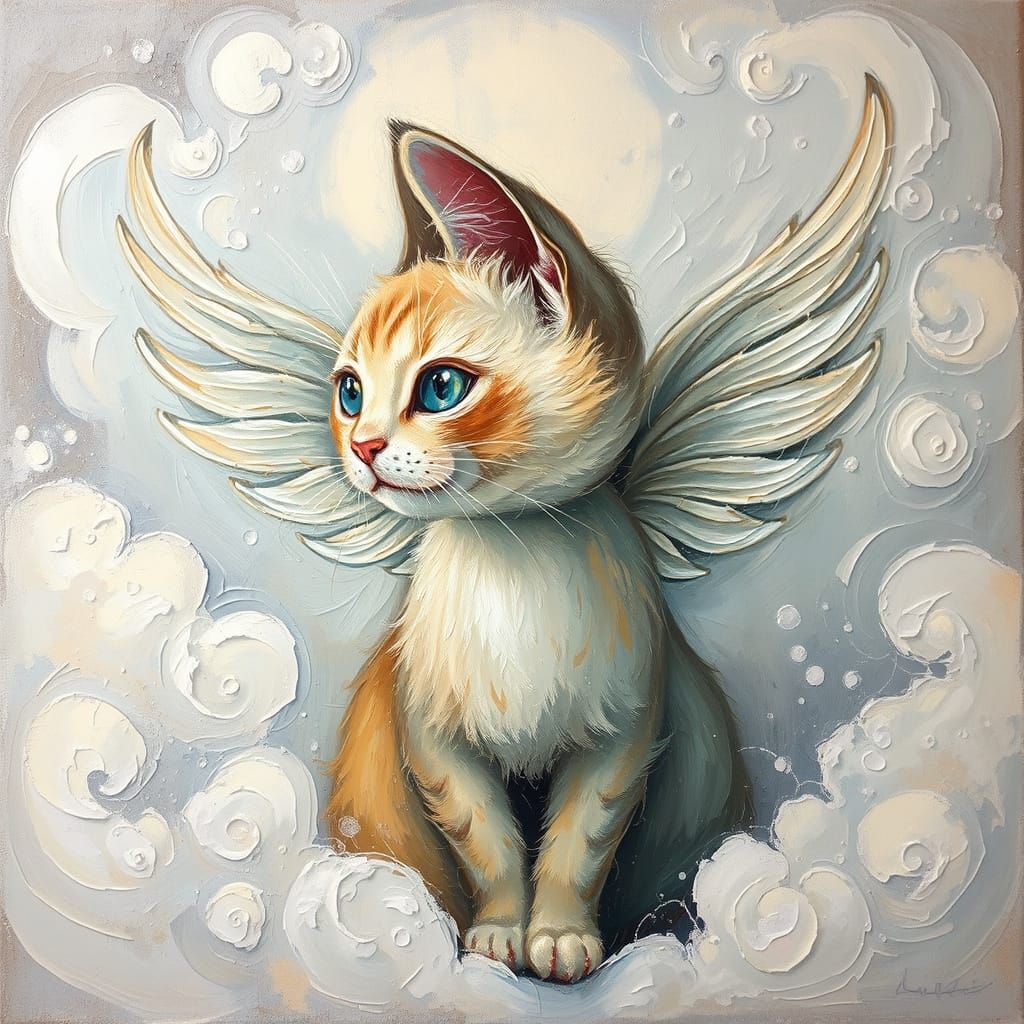 Abstract Angel Cat, Impasto Painting