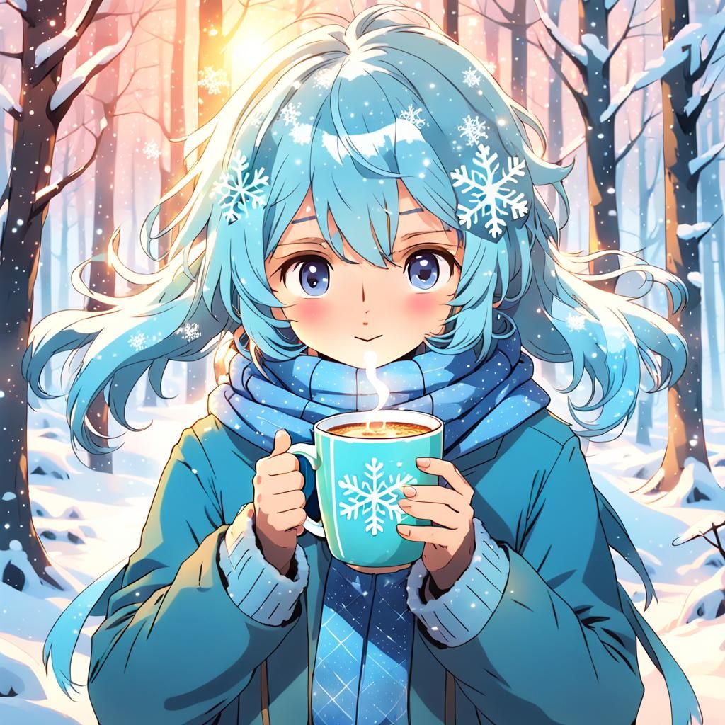 Anime Girl Enjoying Coffee in Snowy Forest