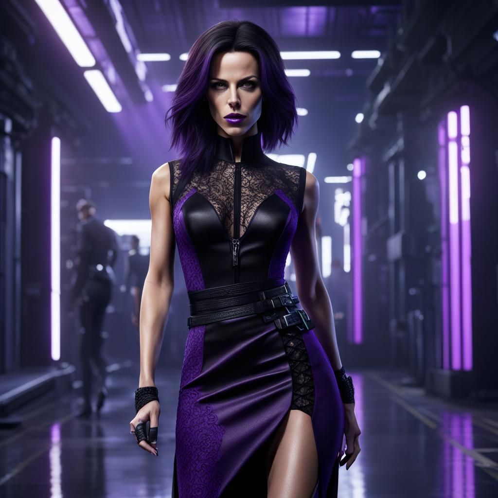 Cyberpunk Girl in Black and Purple Dress