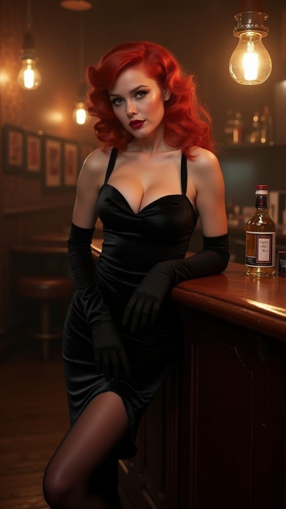 Glamorous 1950s-Inspired Pin-Up Model in Dimly Lit Pub