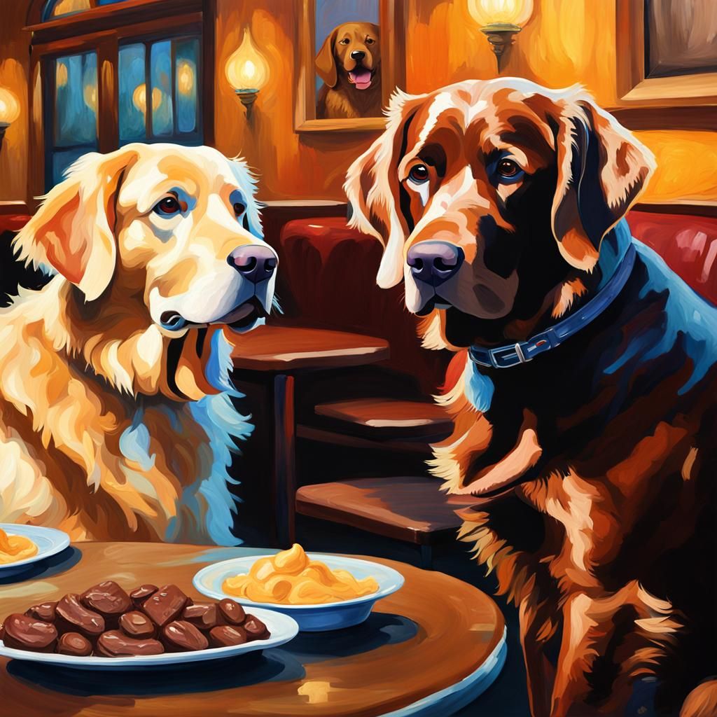 Golden Retriever and Lab Dine in Oil Painting